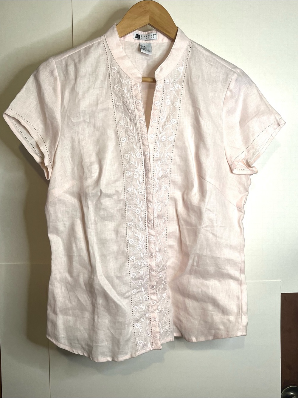 Carole Little Women’s (VTG M, Fits 2 - 4) Soft Pink Embroidered Linen Blouse